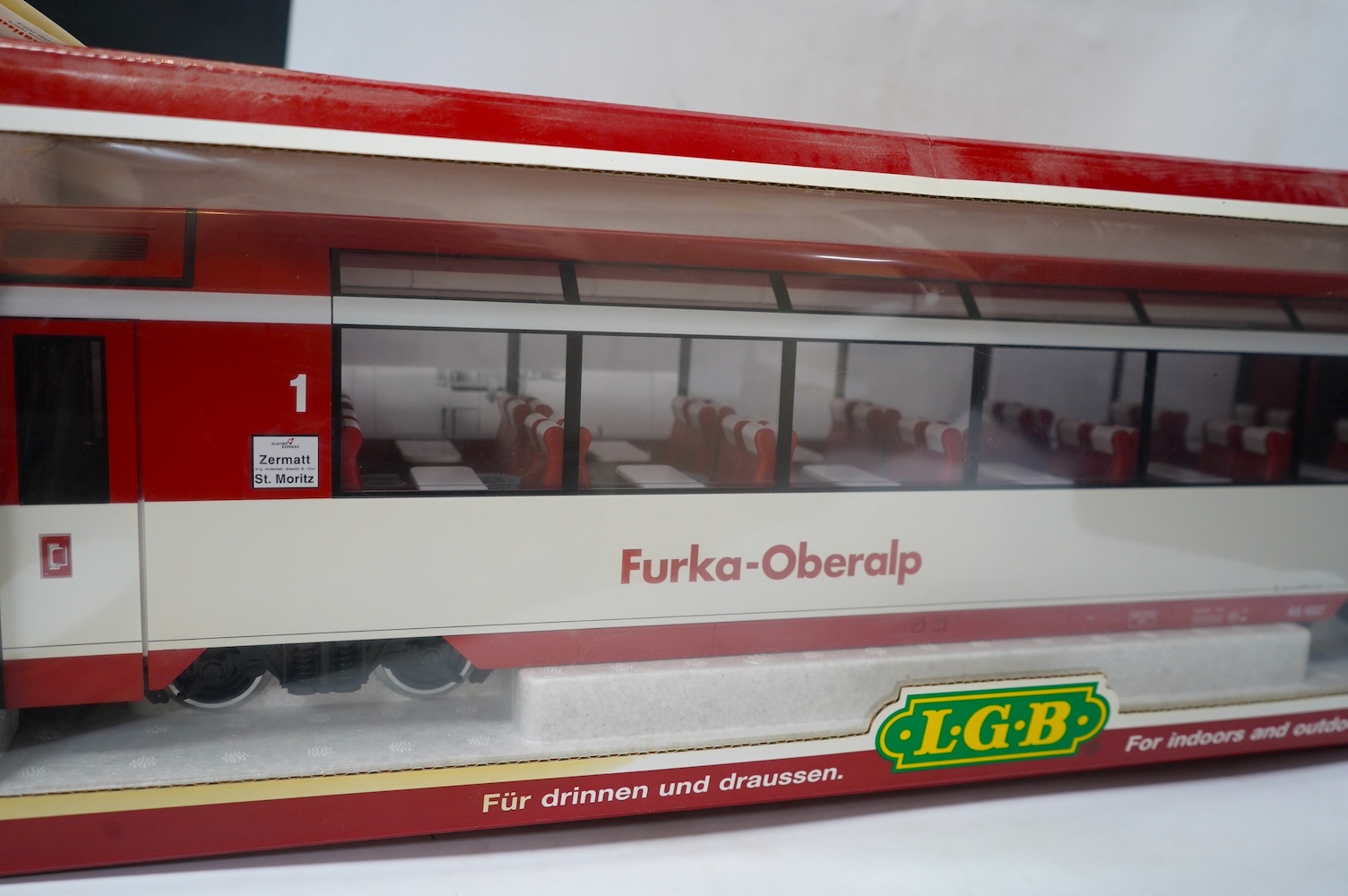 Two boxed Lehmann LGB G scale Continental bogie coaches; a Furka-Oberalp dining observation car (30660) and an RhB restaurant car (3068). Condition - good.